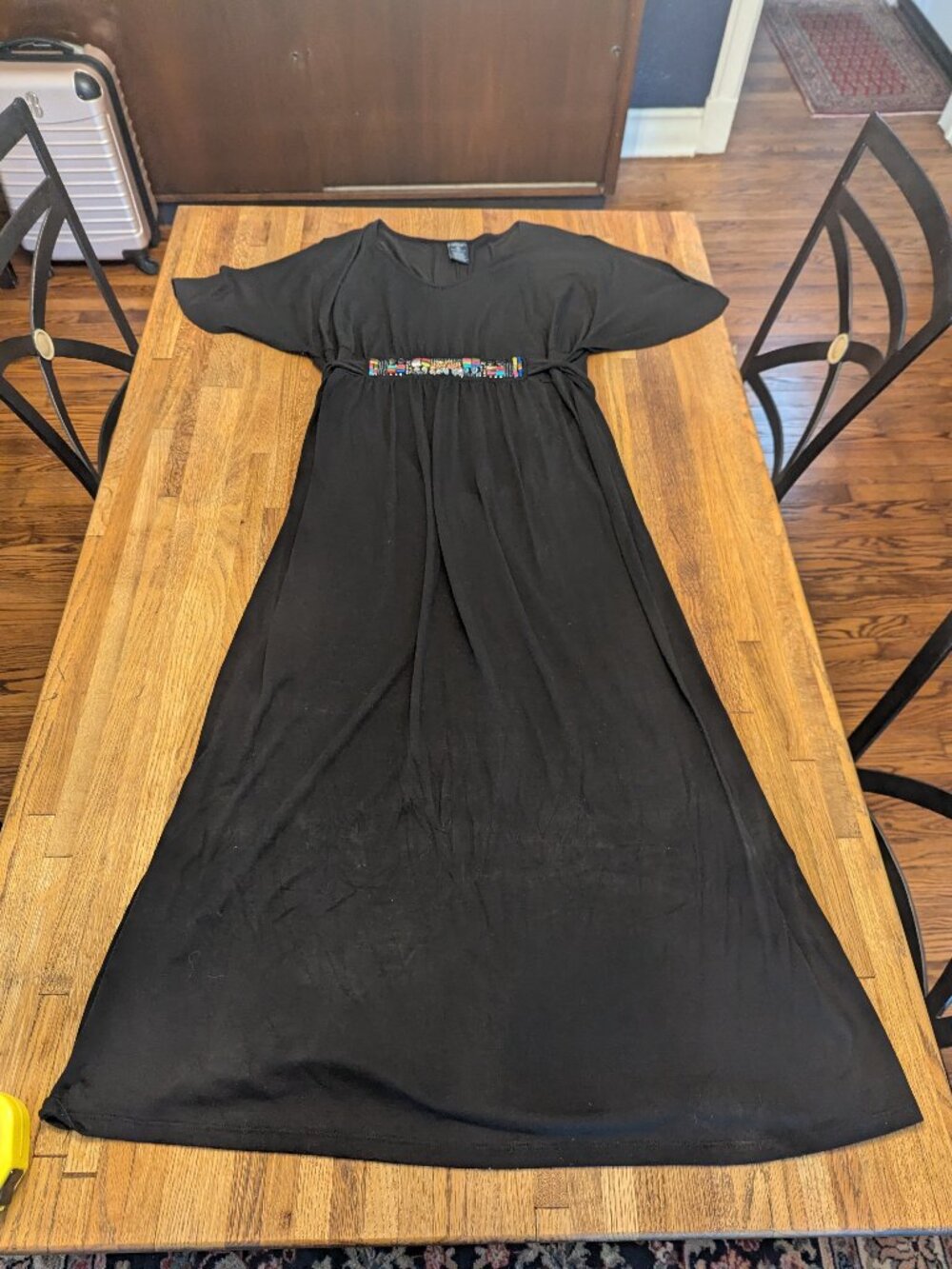 Faded Glory Black 1X Maxi Dress Black w/ Jeweled Empire Waist and Tie Back